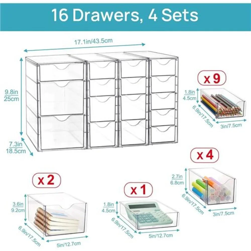Acrylic Organizer with 16 Drawers (4 Set),Clear Storage Drawers for Office